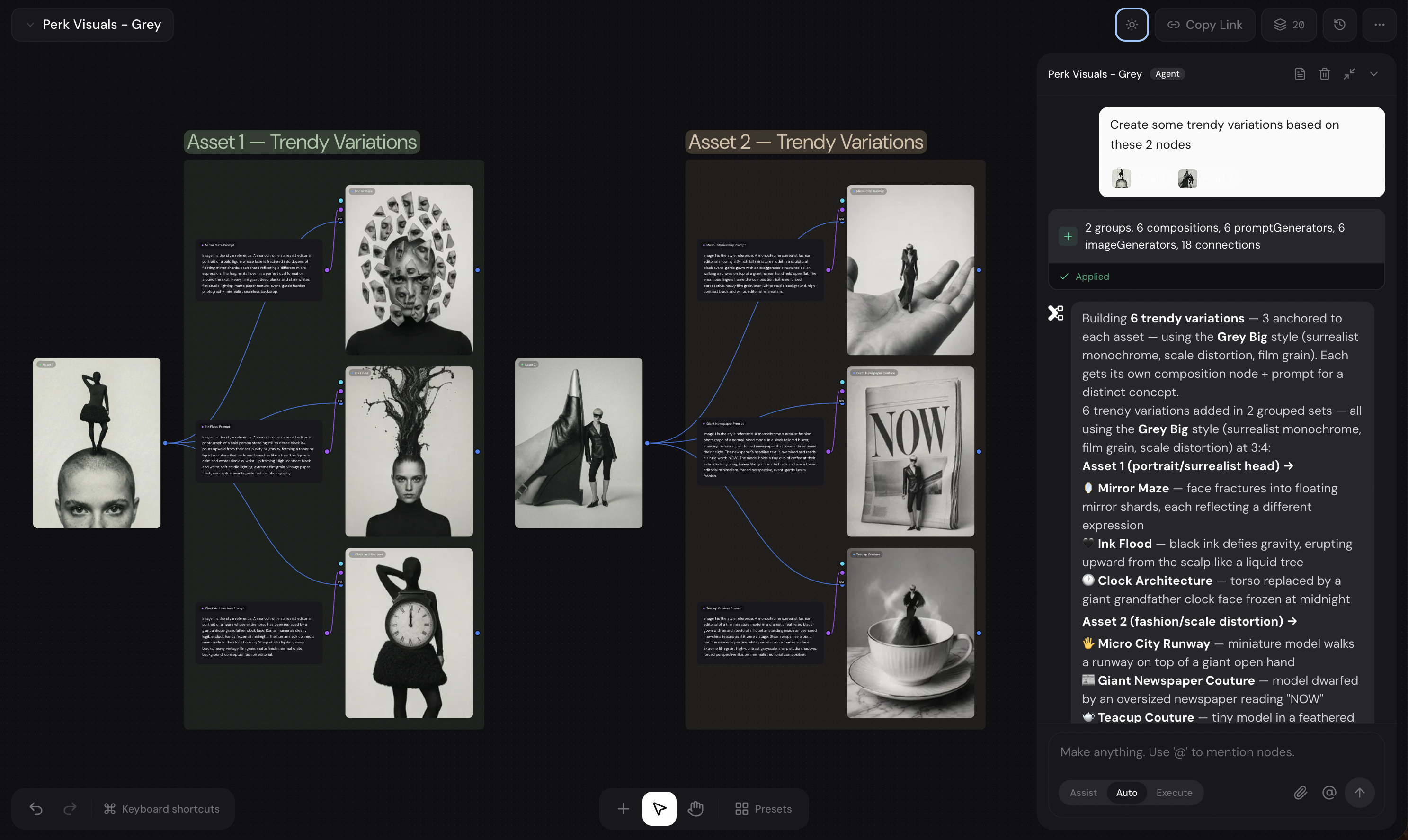The Xainflow canvas — agents, prompts, references and generated assets connected as a campaign flow