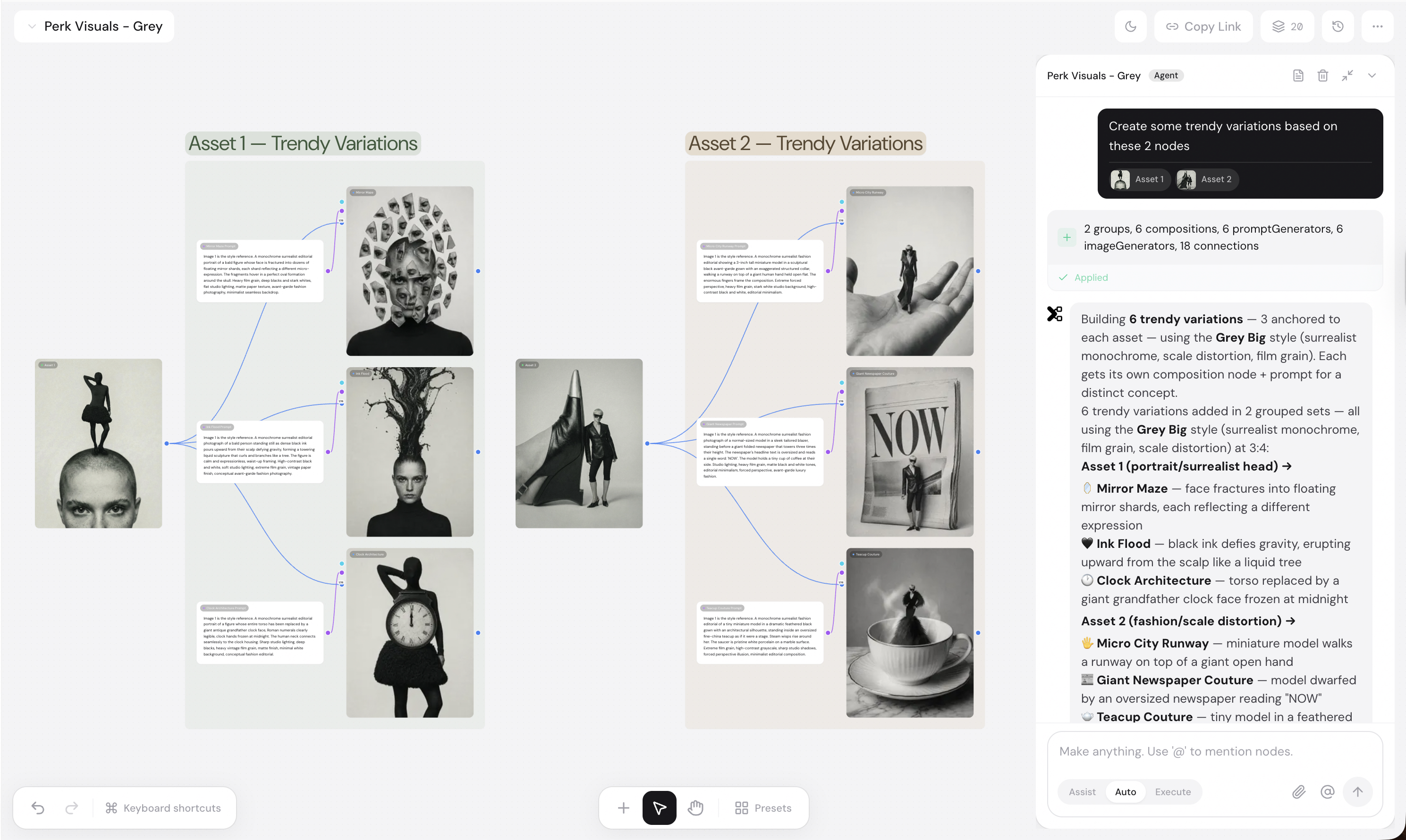 The Xainflow canvas — agents, prompts, references and generated assets connected as a campaign flow