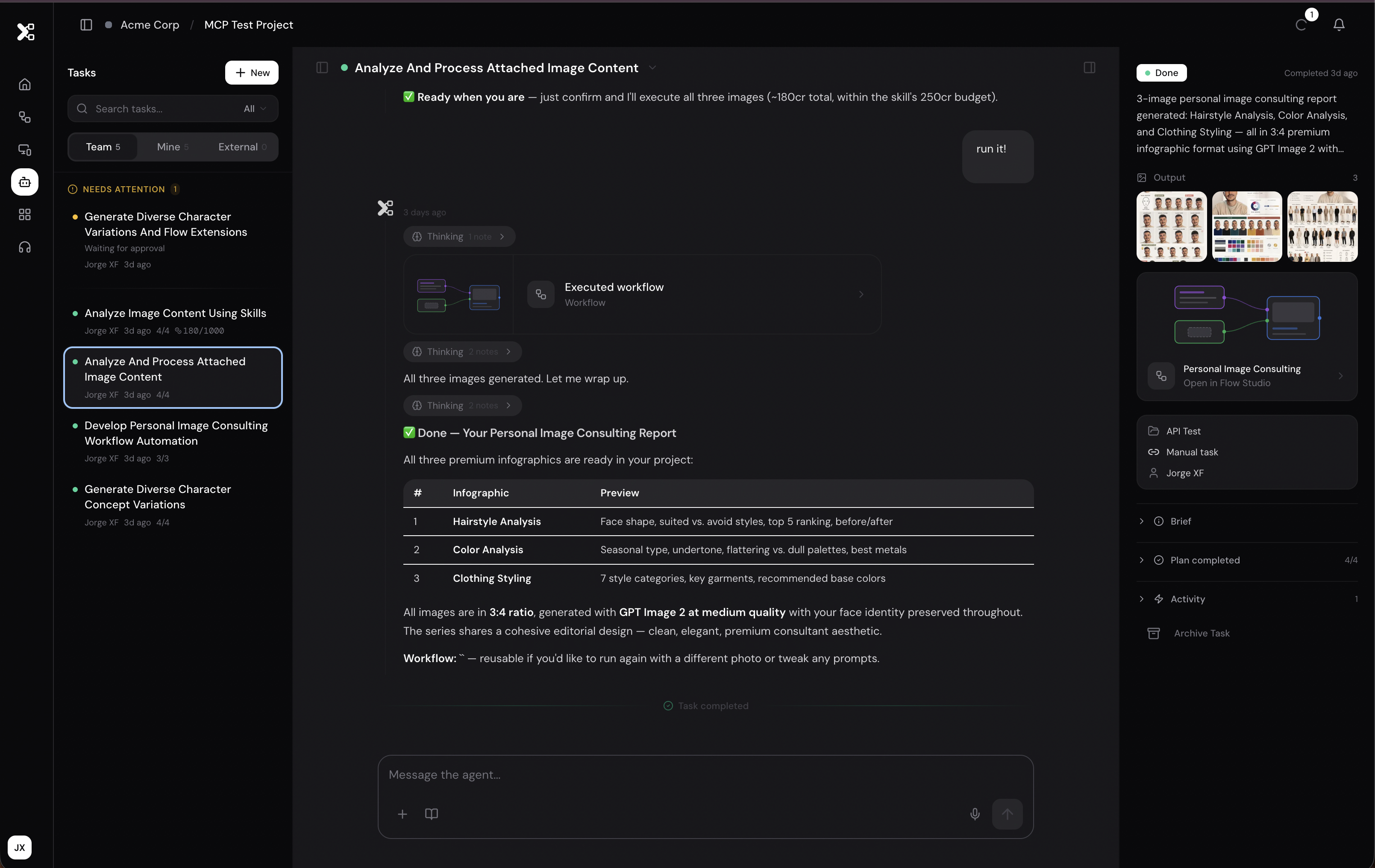 XainFlow agent task view showing a completed image consulting workflow with generated outputs