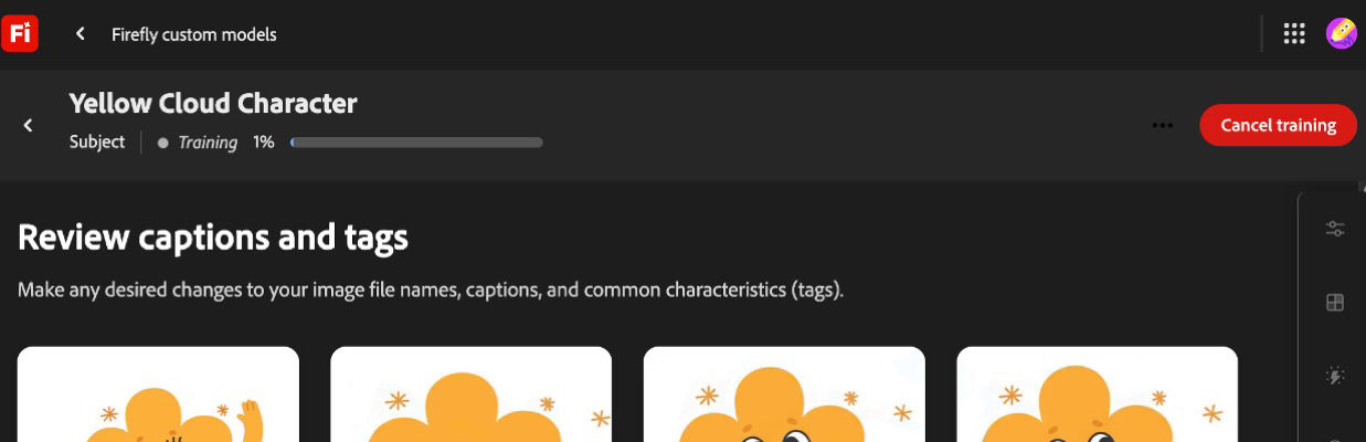 Model training progress in Adobe Firefly