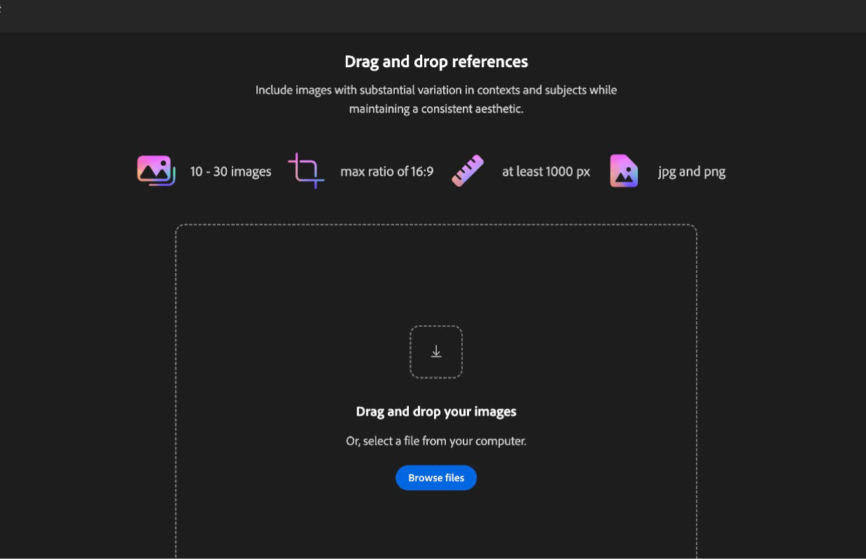 Firefly Custom Models training interface — upload images and configure your model