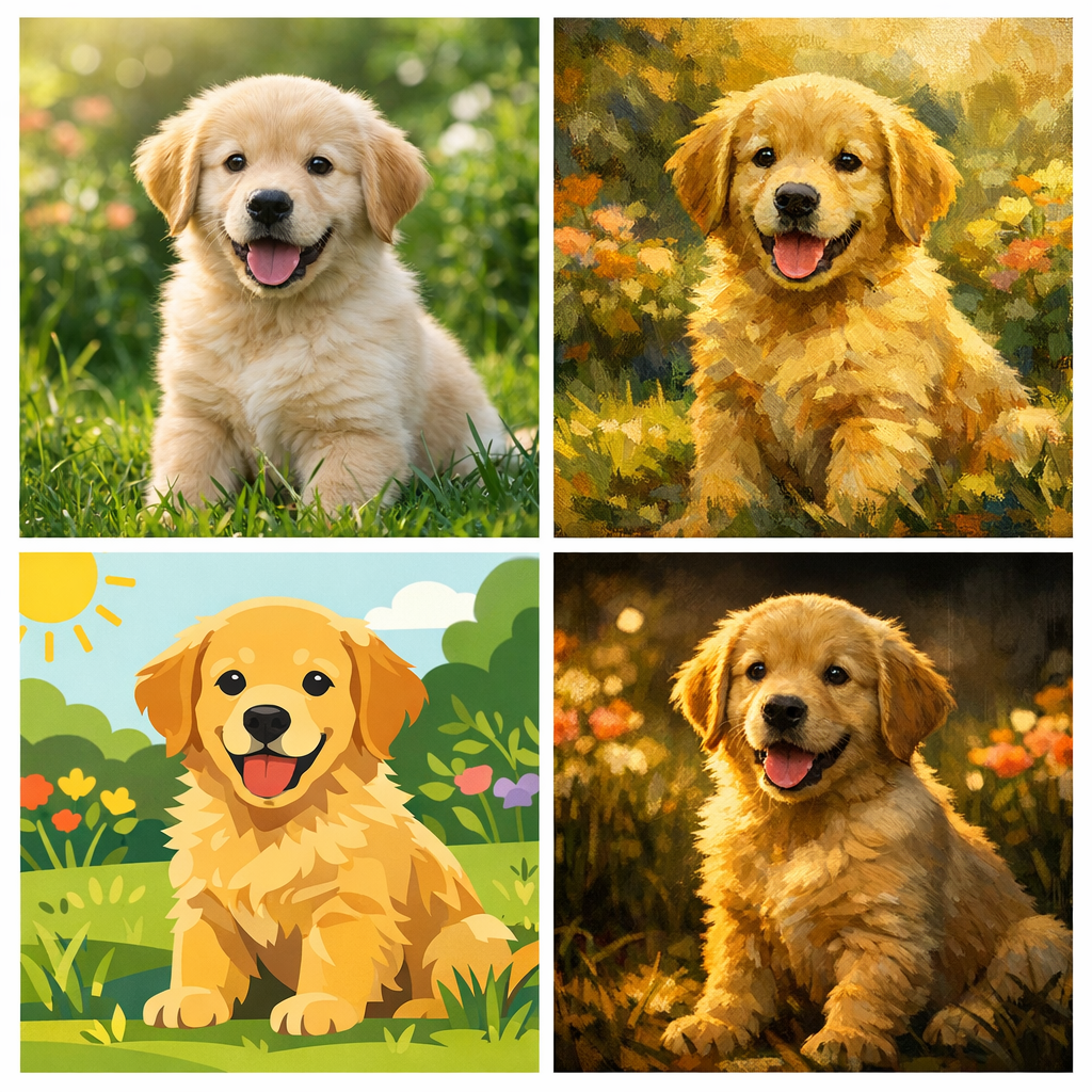 Different AI art styles generated from the same prompt — photorealistic, oil painting, vector, and cinematic