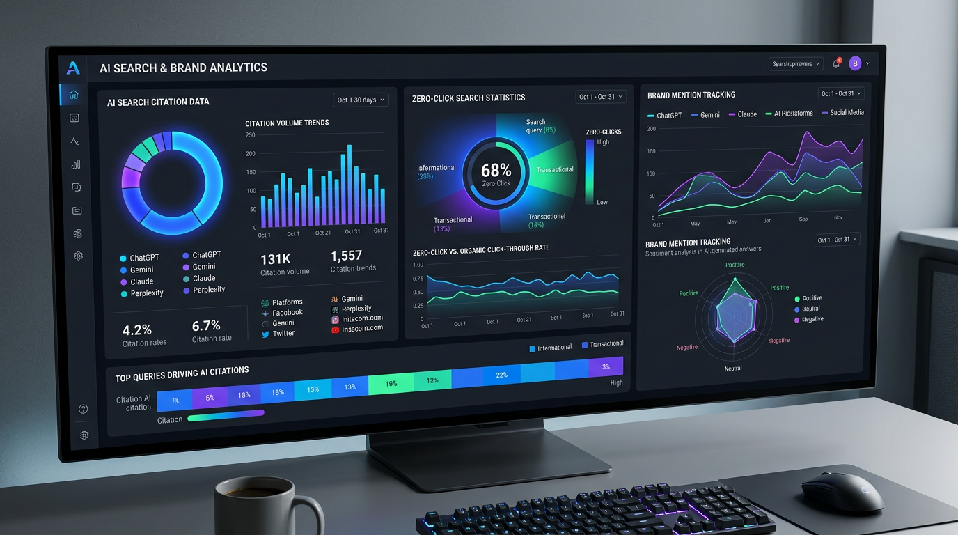 Analítica de búsqueda digital mostrando tendencias de búsqueda impulsadas por IA y datos de comportamiento del usuario