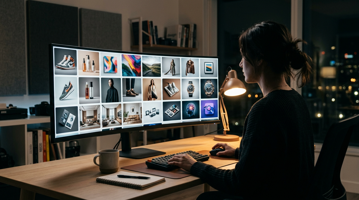 Profesional creativo revisando contenido visual generado con IA en un espacio de trabajo moderno