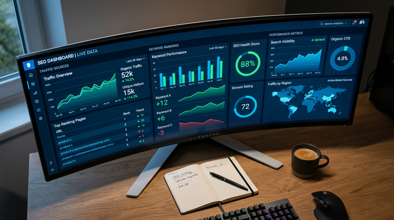 Data analytics dashboard showing search traffic trends and ranking shifts