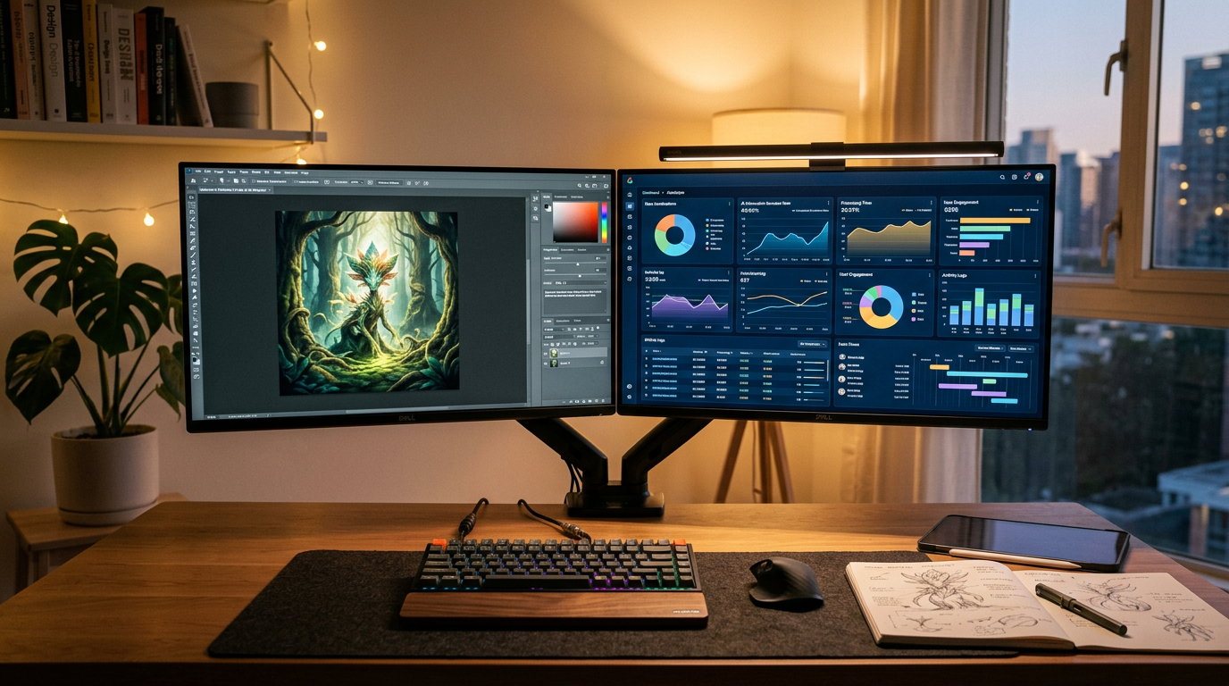 Professional creative workspace with multiple monitors showing design and analytics tools